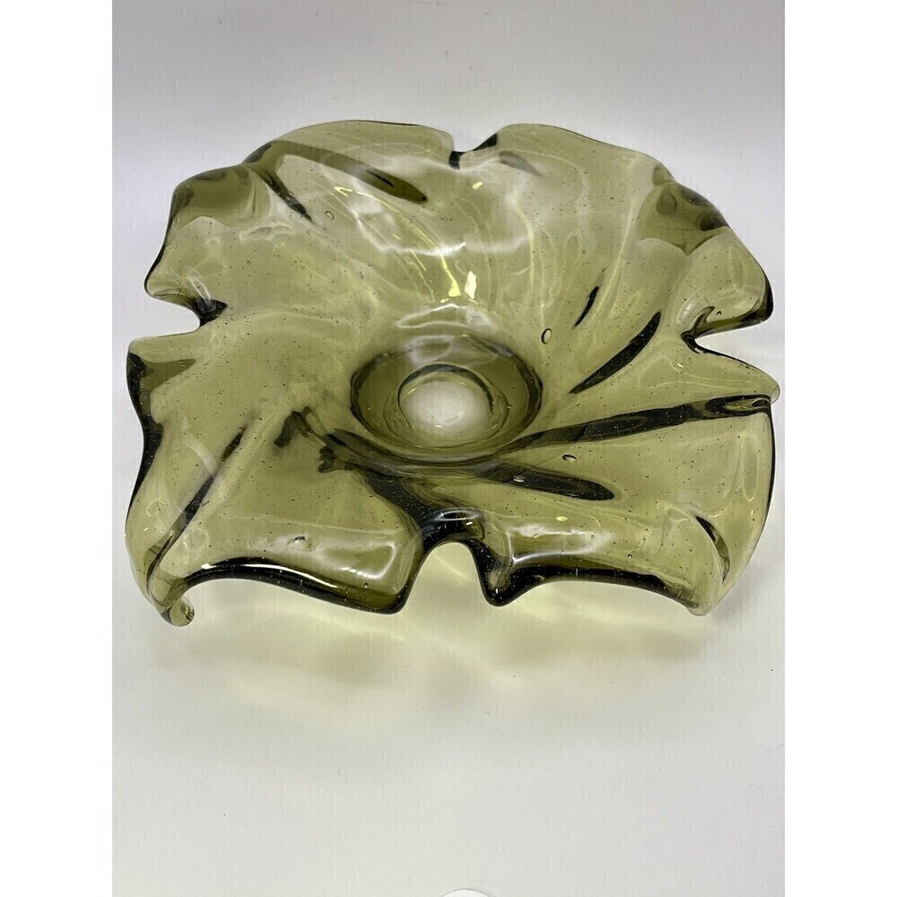 Vintage Green Glass Ashtray Leaf Shaped Trinket Dish 6"